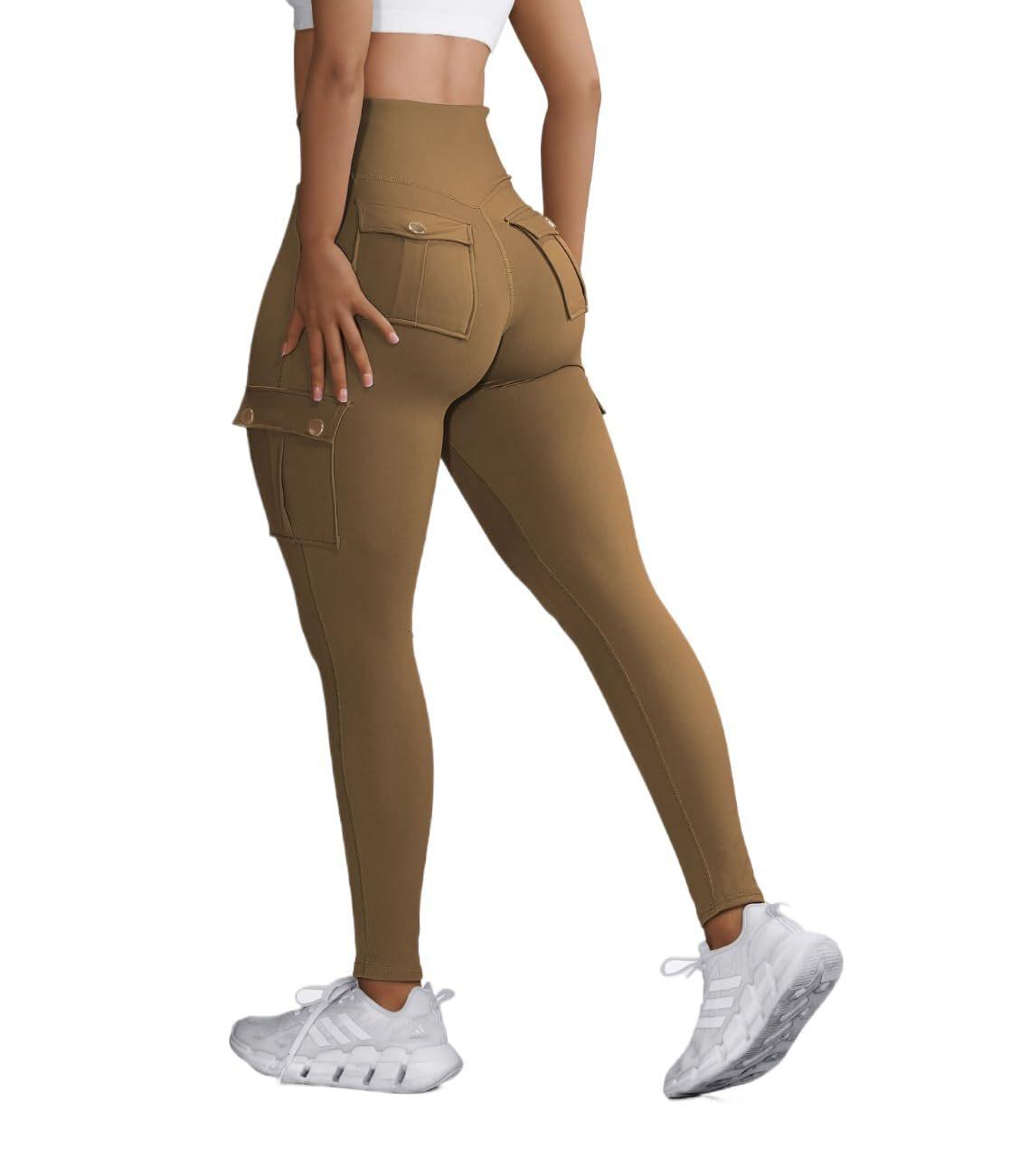 Women Cargo Pocket High Waist Leggings, Stretch Slim Fit Workout Pants, Casual Athletic Running Fitness Trousers