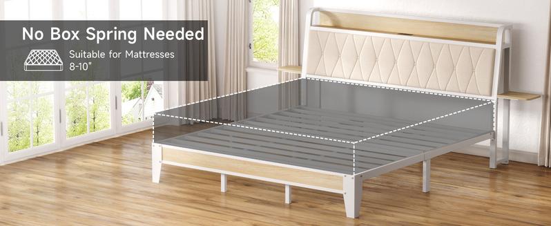 【Valentine's Day gift】ONBRILL Bed Frame with Side Storage Shelf, Ergonomic Upholstered Headboard with Charging Station, King Platform Bed Frame, Metal Slats Support, No Box Spring Needed, Easy Assembly