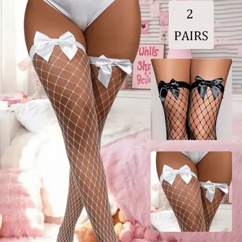 2 Pairs Plus Size Bow Fishnet Over-The-Knee Socks Stockings, High Stretch Sexy Fashionable Elegant Style, Ideal for Daily Date Spring Fall Party