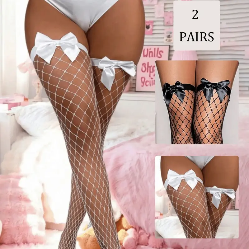 2 Pairs Plus Size Bow Fishnet Over-The-Knee Socks Stockings, High Stretch Sexy Fashionable Elegant Style, Ideal for Daily Date Spring Fall Party