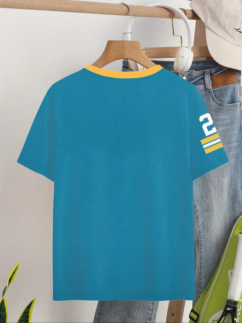 Women's Number Print V Neck Tee, Casual Fitted Short Sleeve T-shirt for Summer, Women's Top for Daily Wear