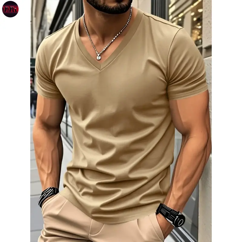 YYW1 Men's solid-color plain simple polyester short-sleeved Fitted T-shirt, Casual slim fitting, breathable and comfortable V-neck design, suitable daily casual wear and outdoor activities