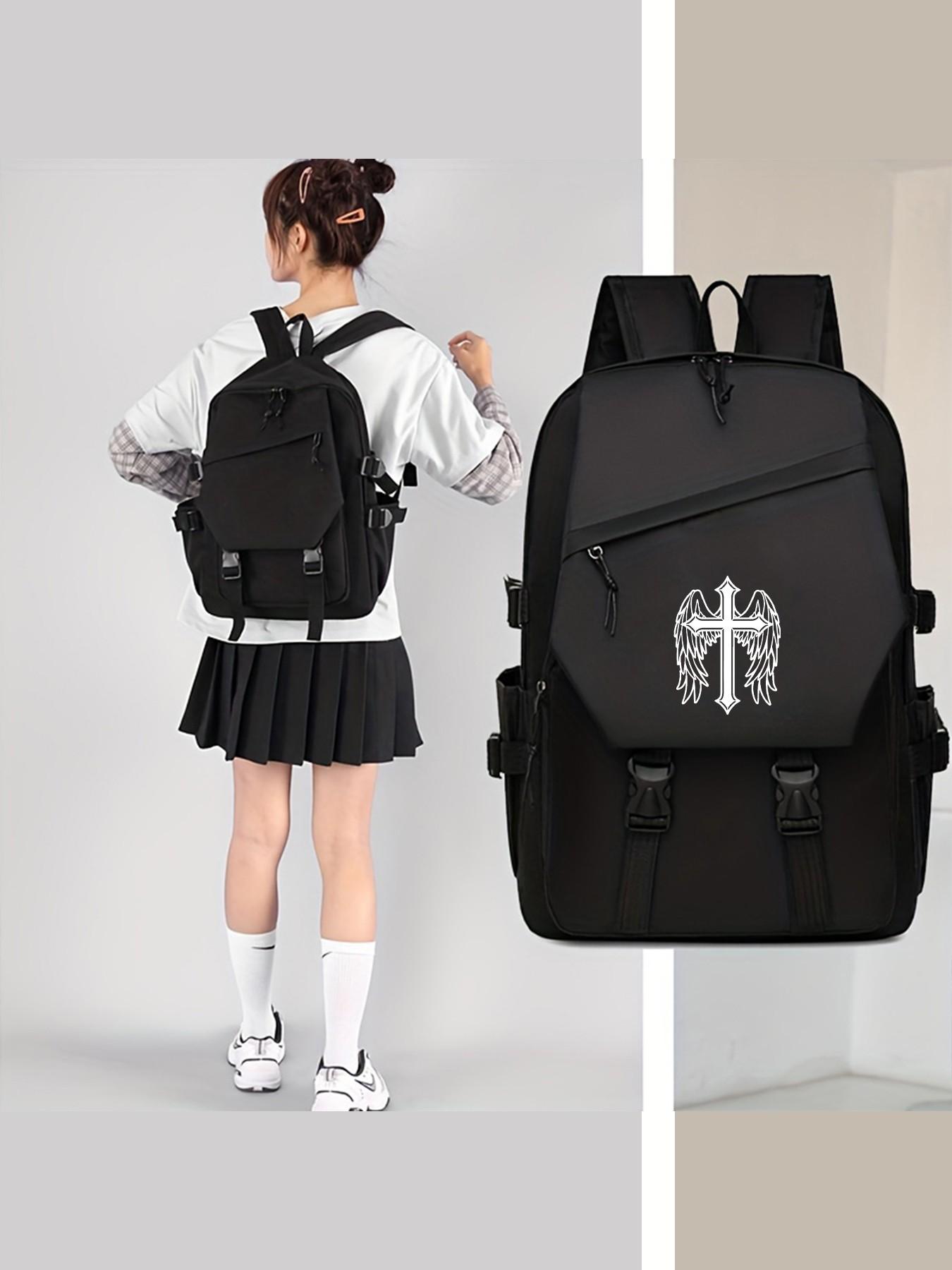 Cross Wings Print Backpack, Large Capacity Waterproof Laptop Bag, Casual School & Business Bag, Unisex, All Seasons