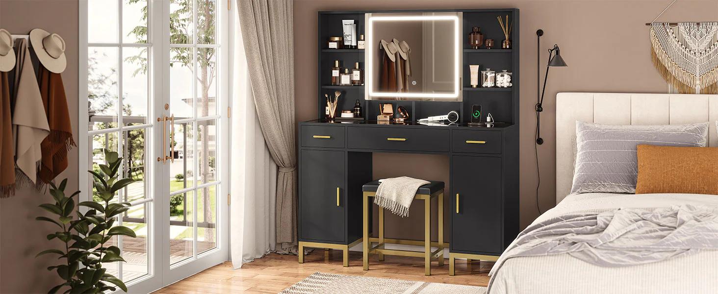 Sikaic Makeup Vanity Set With Mirror And Lights Charging Station Furniture Luxury Modern Design Bedroom Storage