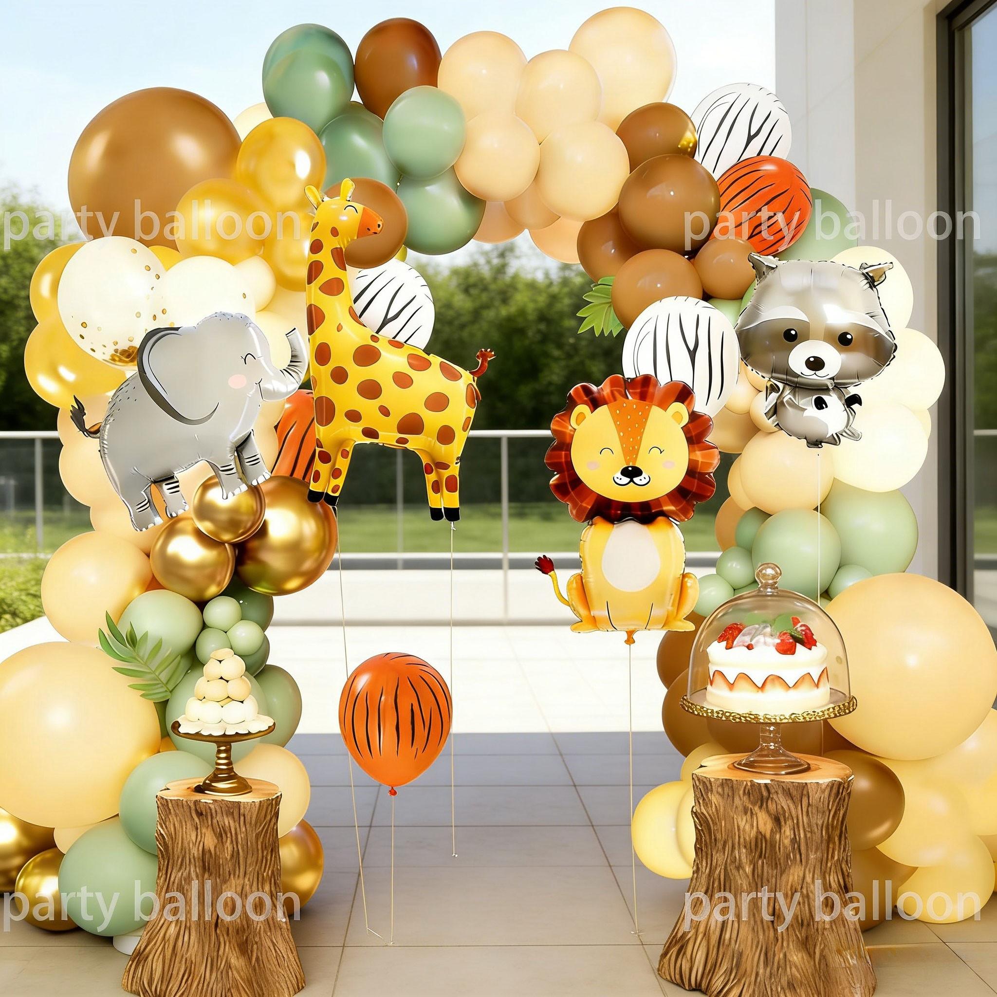 134pcs Tropical Jungle Animal Birthday Party Balloon Decor Set, Giraffe Lion Elephant Balloons, Zebra Pattern Latex Balloons, Outdoor Events