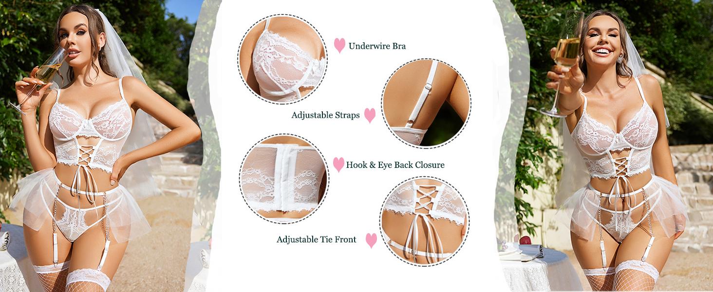 Avidlove Lingerie Sets Womens Garter Sets 3 Piece Underwire Bra and Panty Sets With Mesh Mini Skirts S-XXL (stockings not included)