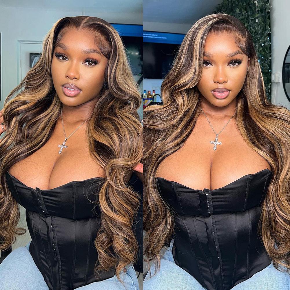 QUANDIAN 13x6 Body Wave Highlight Ombre Lace Front Wig Human Hair HD Lace Front Wigs Human Hair 200 Density P4/27 Colored Honey Blonde Wig Springtok QUANDIAN 13x6 Body Wave Highlight Ombre Lace Front Wig Human Hair HD Lace Front Wigs Human Hair 200 Density P4/27 Colored Honey Blonde Wig Springtok