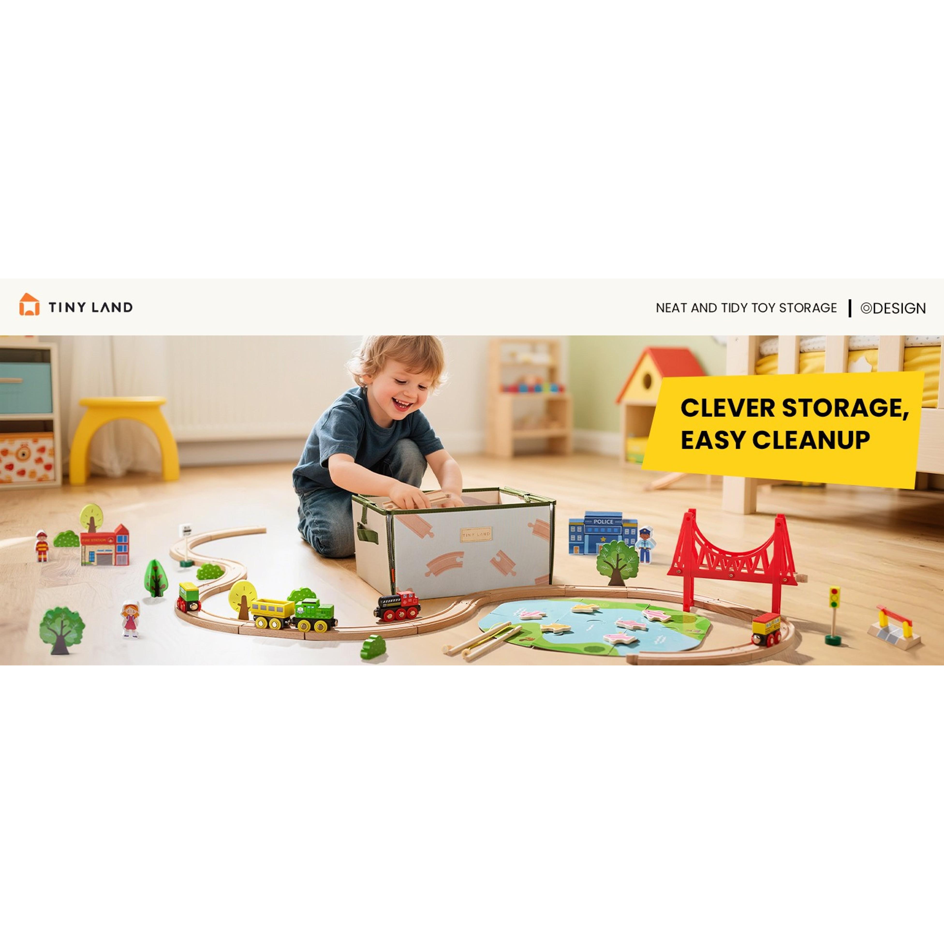 110pcs Wooden Train Set with Folding Storage Box, Wooden Train Track Toy for Kids Ages 3-7, Includes Character Figures for Imaginative Play