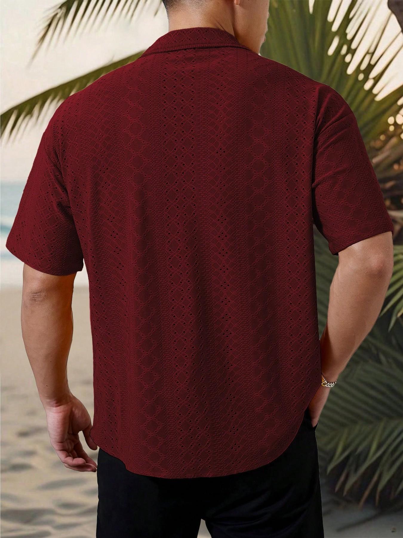 Men's Vacation, Tropical Casual Style, INS Matched Knitted Black And White Geometric Striped Crochet Textured Jacquard Loose Short-Sleeve Shirt, Featuring A Button Placket, This Shirt Embodies Elegance And Romance, Making It Perfect For Hawaiian Beach