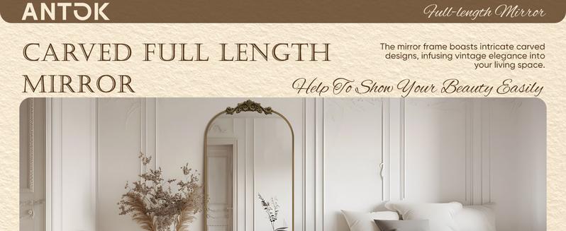 Arched Full Length Mirror, Floor Mirror Freestanding with Carved Metal Frame & Bottom Art Carved, Hanging Mounted Mirror for Living Room, Full Body Mirror for HomeDecor, Standing/Halling Large Wall Mirror for Bedroom
