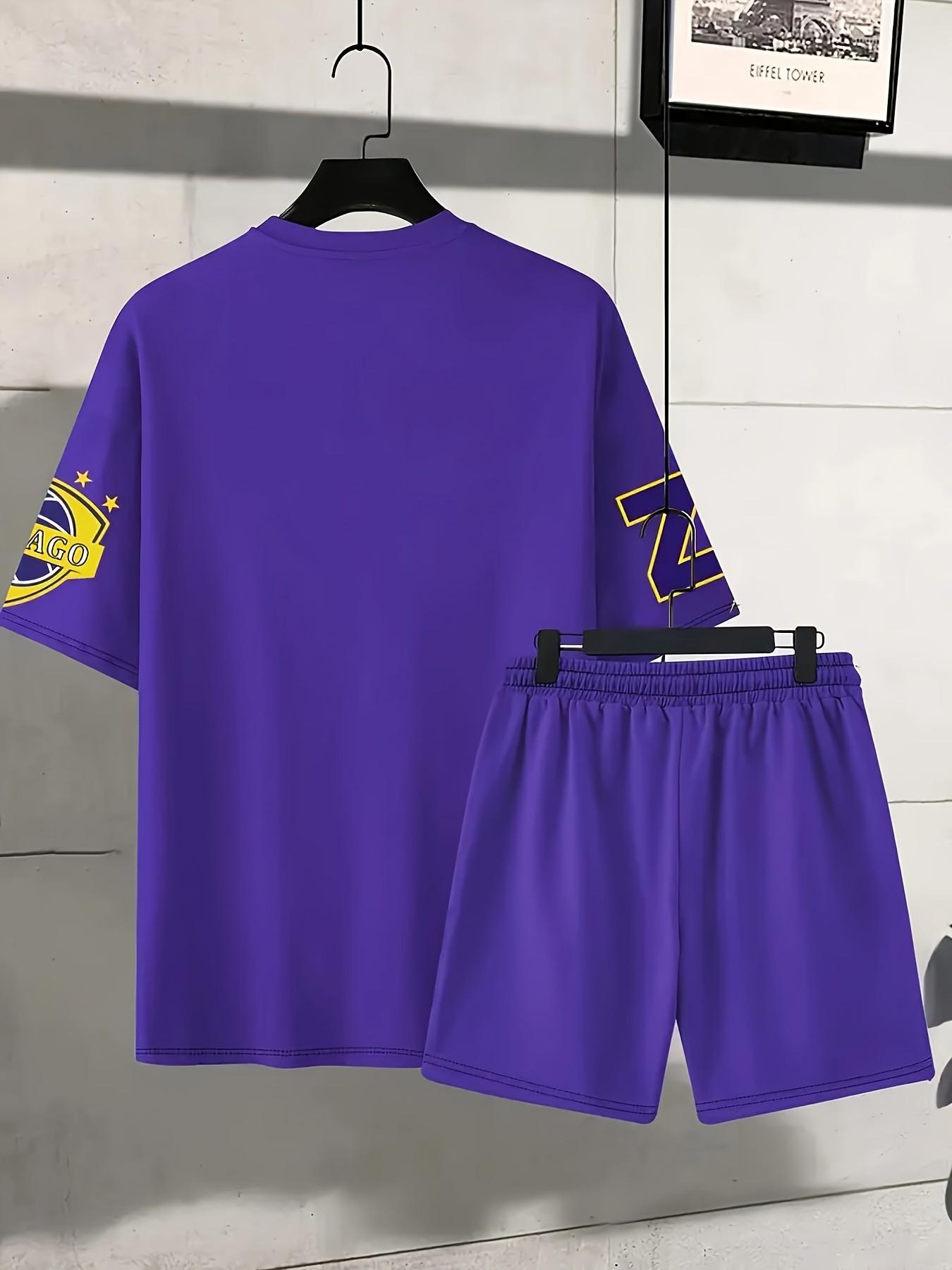 Men's Fashion Round Neck Short Sleeve Set, Chicago Letter Number 23 Digital Print, Summer Casual, Comfortable Vacation Sports Wear