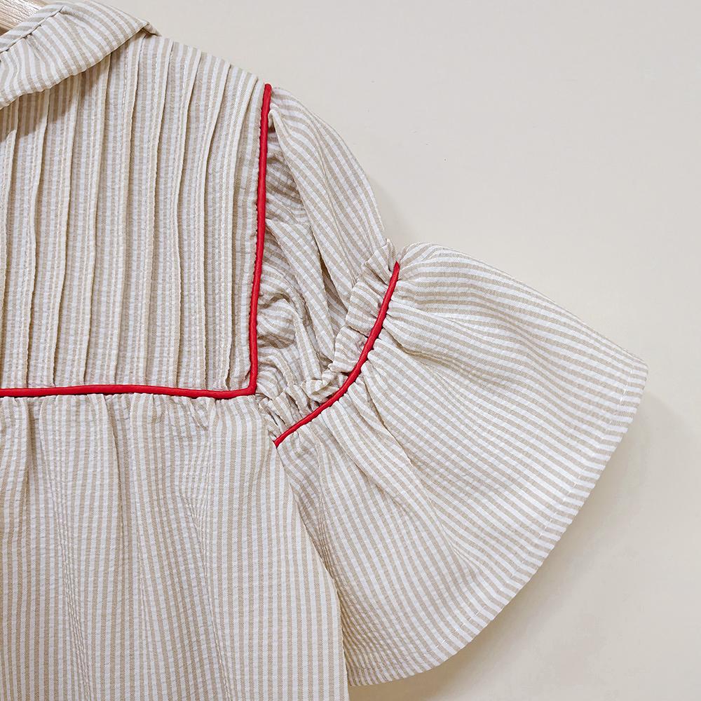 SageVell Beige/Blue Striped Pleated Blouse with Ruffle Sleeves & Red Contrast Trim Top, Round Neck Short Cotton-blend Shirts for Women SageVell Beige/Blue Striped Pleated Blouse with Ruffle Sleeves & Red Contrast Trim Top, Round Neck Short Cotton-blend Shirts for Women