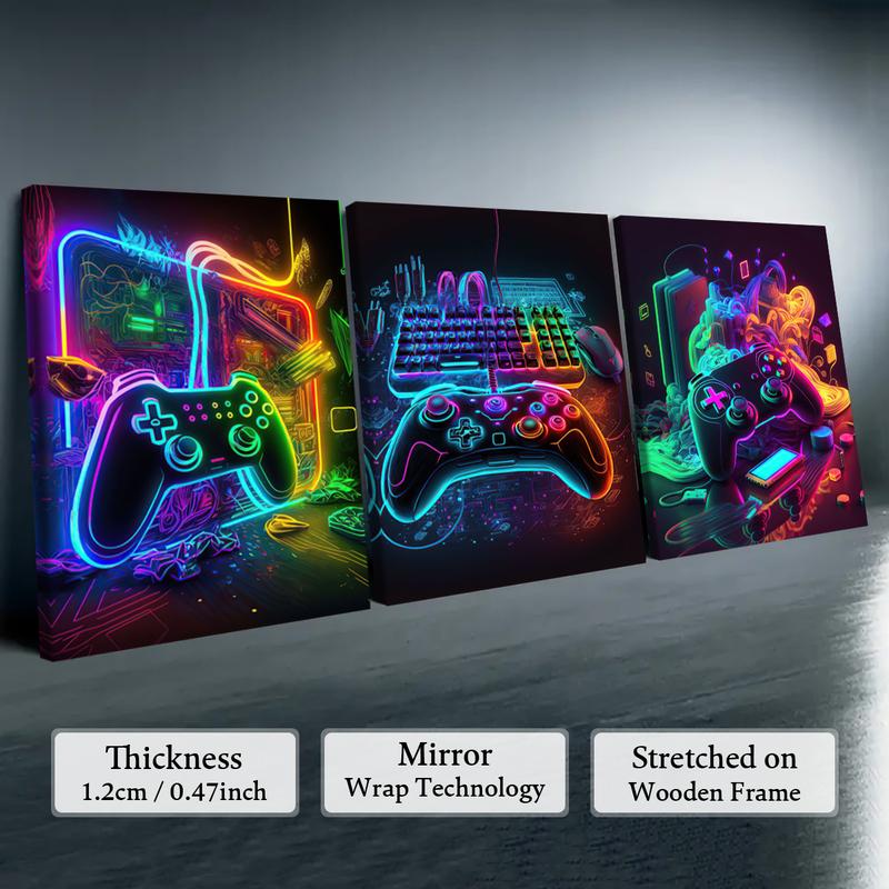 Modern Neon Gamepad Lightsaber Man Pattern Canvas Painting with Frame, 3 Counts/set Modern Wall Art Painting, Wall Art Decor for Home Living Room Bedroom Office