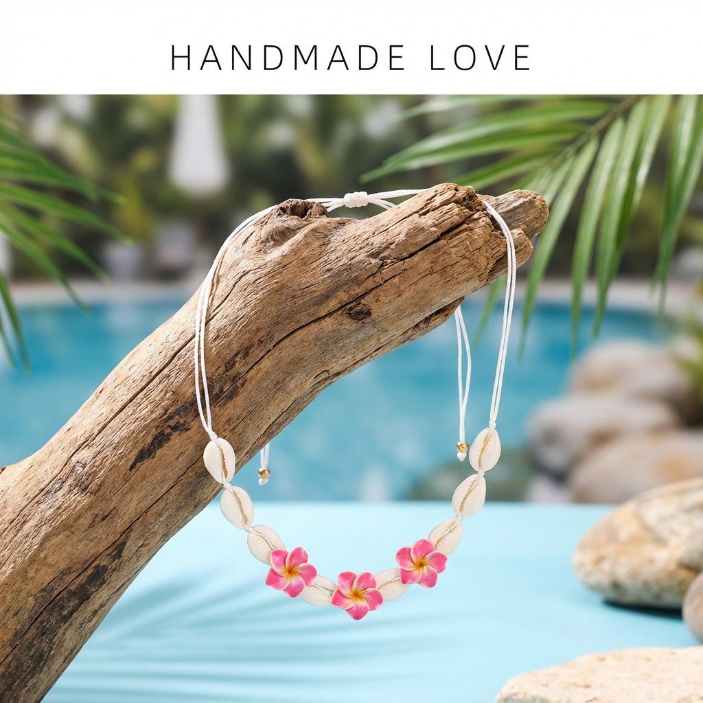 Boho Beach Necklace for Women Handmade Shell and Hibiscus Flower Pendant Summer Vacation Jewelry Tropical Resort Accessory Lightweight Bohemian Style Necklace