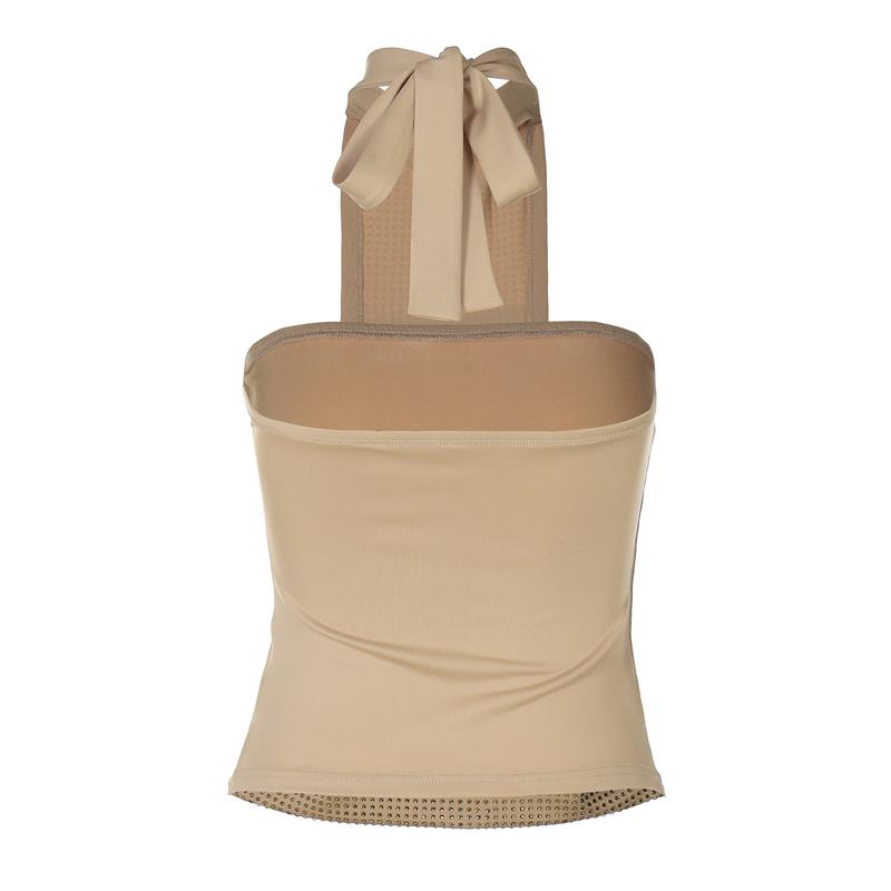 Crystal Embellished Halter Tank Top Women's Sexy Neck Tie Back Slim Bodycon Solid Top for Summer Holiday Vacation Outfit Night Party Dating Short Tops