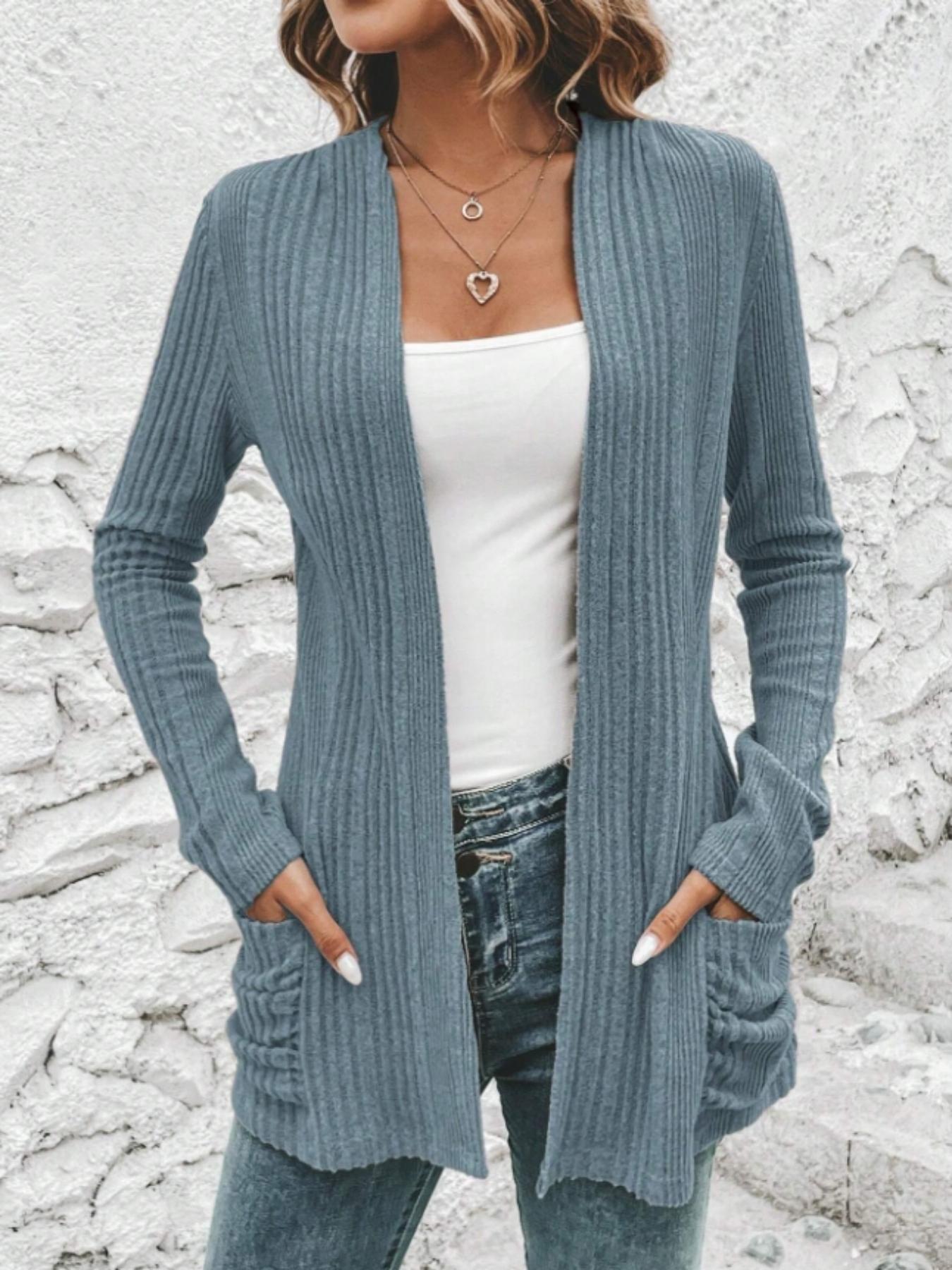 Women's Ribbed Open Front Sweater Cardigan, Casual Long Sleeve Cardigan Sweater for Spring & Fall, Women's Knit Clothing for Daily Wear