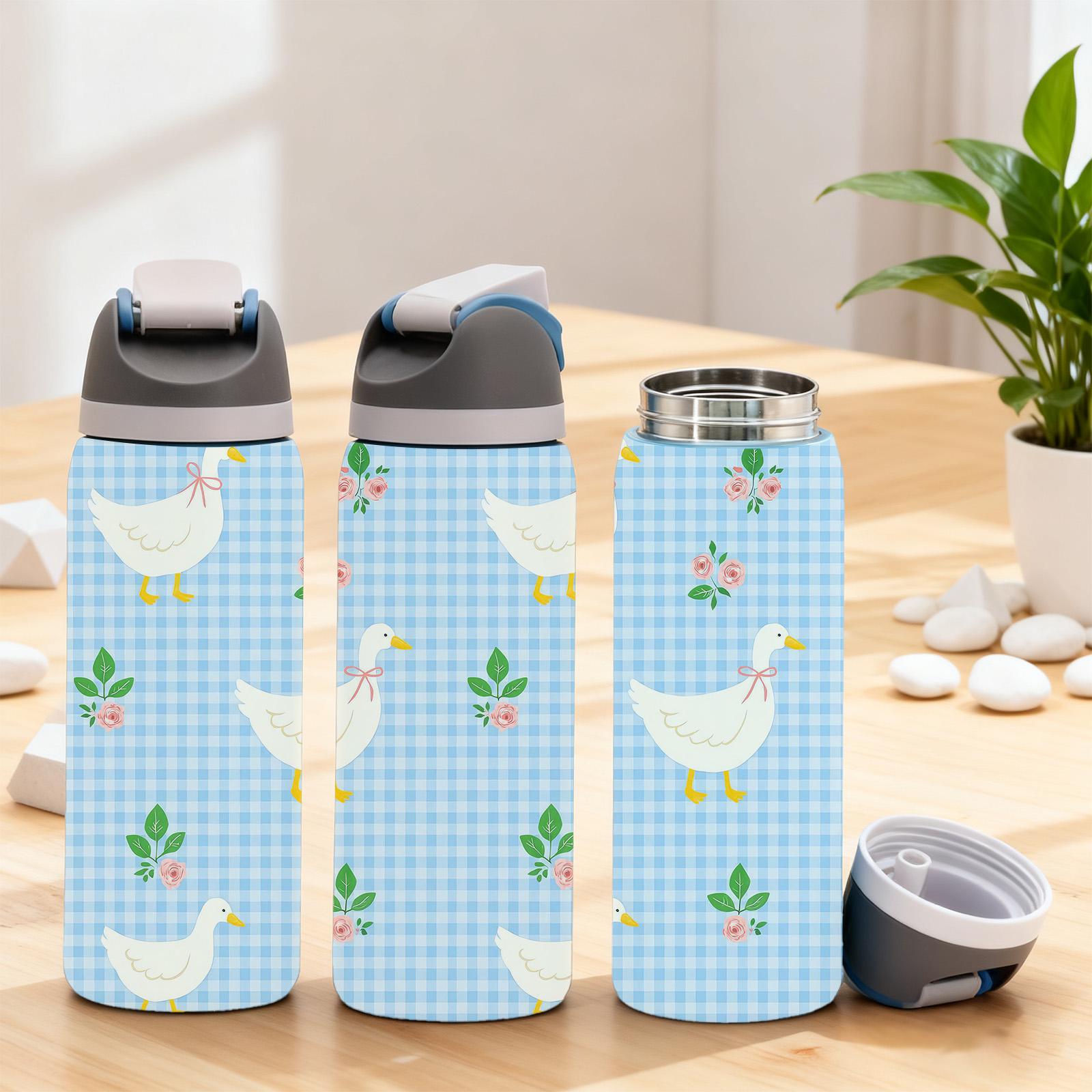 1Pc 19/24/32oz Duck and Flower Print Insulated Mug, Cute Pastel Vacuum Cup Thermo Tumbler with Lid and Straw, Keeps Hot 12H/Cold 24H, Ideal Travel Tumbler for Spring, Picnic, or Office, Adorable Gift for Girlfriend, Nature Lovers