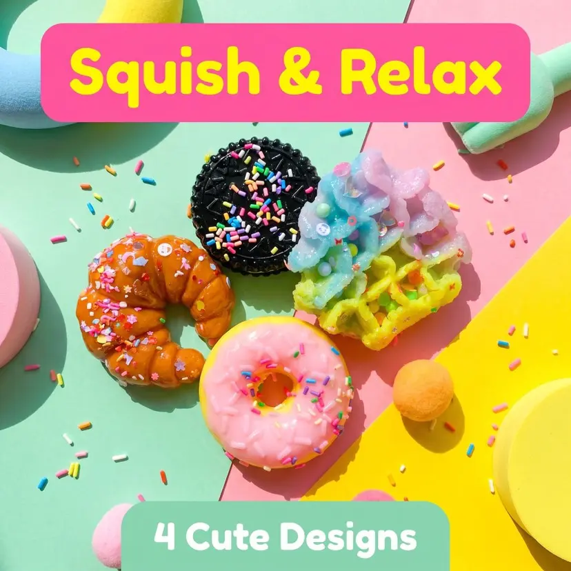 Simulation Food Squishy Fidget Toys 4 Pack, Super Soft Slow Rising Dessert Squishies, Sandwich Cookie, Donut, Croissant & Waffle, ASMR Squeeze Toy, Stress Relief Anti-Anxiety Toy, Collectible Desk Decor, Birthday & Holiday Gift for Teens and Adults