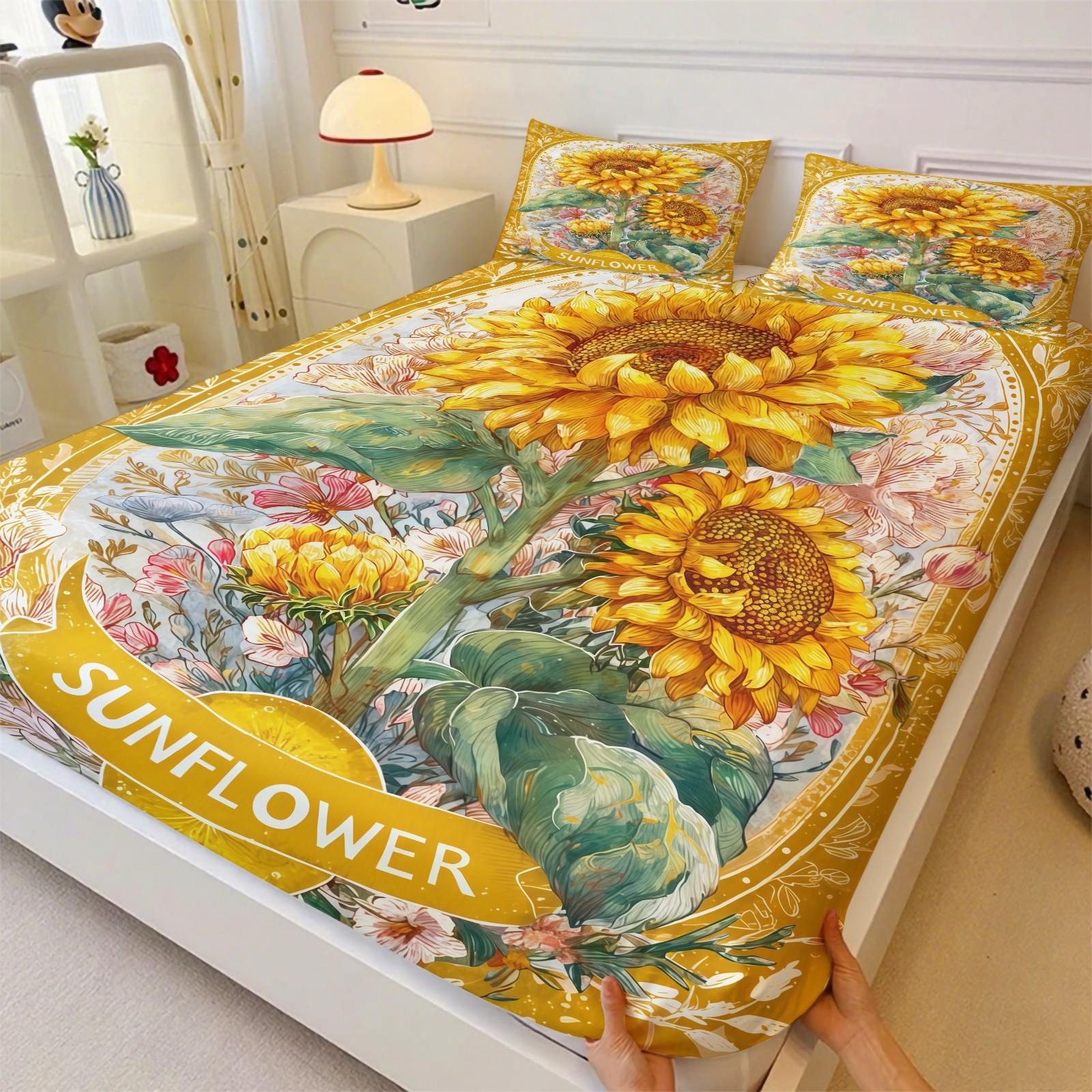 3-Piece Sunflower Patterned Bed Sheet Set, Soft And Durable Bedding Set, Including 1 Bed Sheet And 2 Pillowcases, Suitable For Children And Adults For Daily Holiday Birthday Gifts, Bedroom Decorations