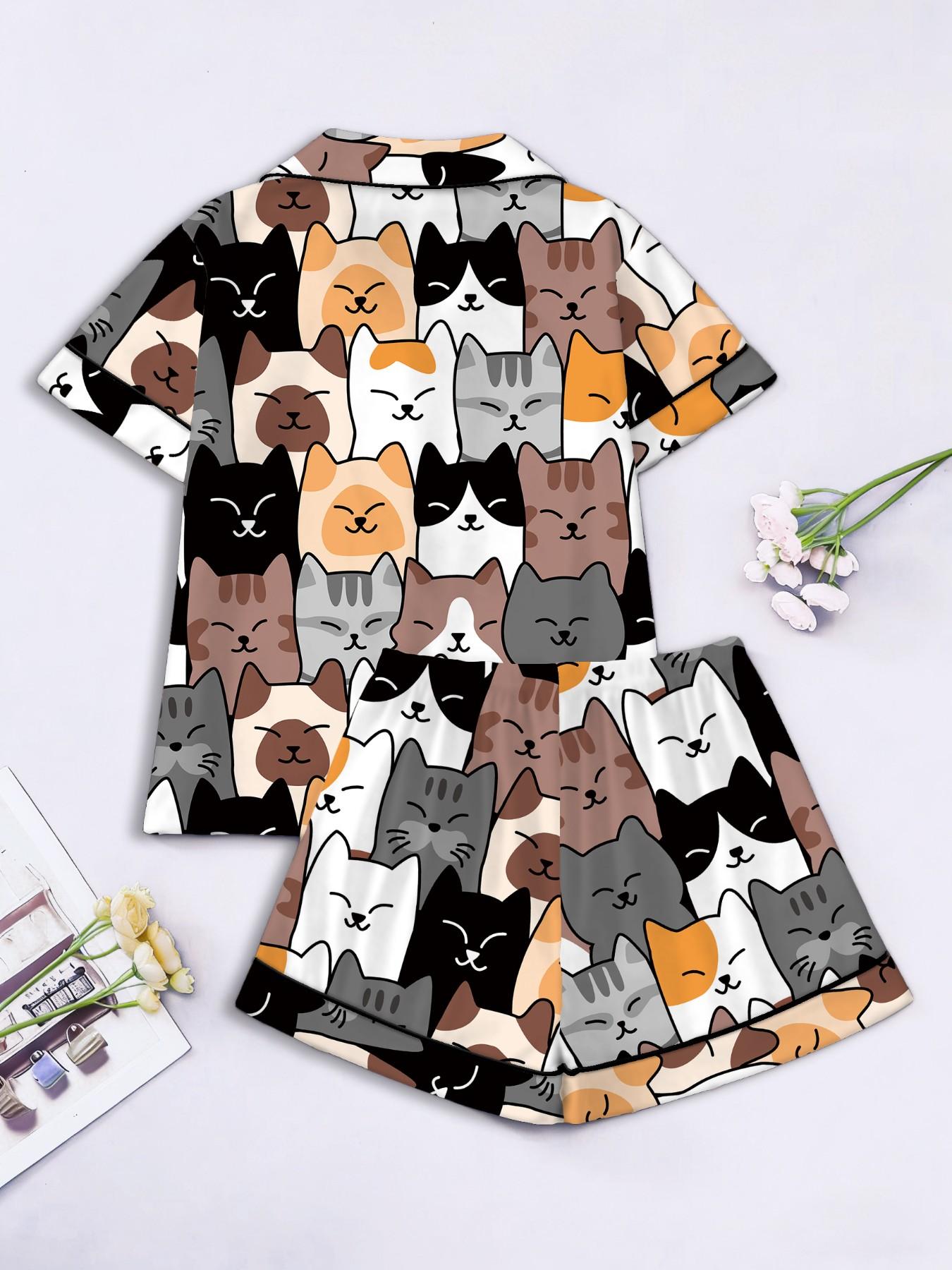 Women's Short Sleeve Button Down Top and Shorts Pajama Set, Spring Summer Wear, For Japanese Kawaii Soft Girls, White Base Soft Cat Head Print, Small Lapel Collar, Slim Fit No Bulk, Comfortable For Daily Home Wear