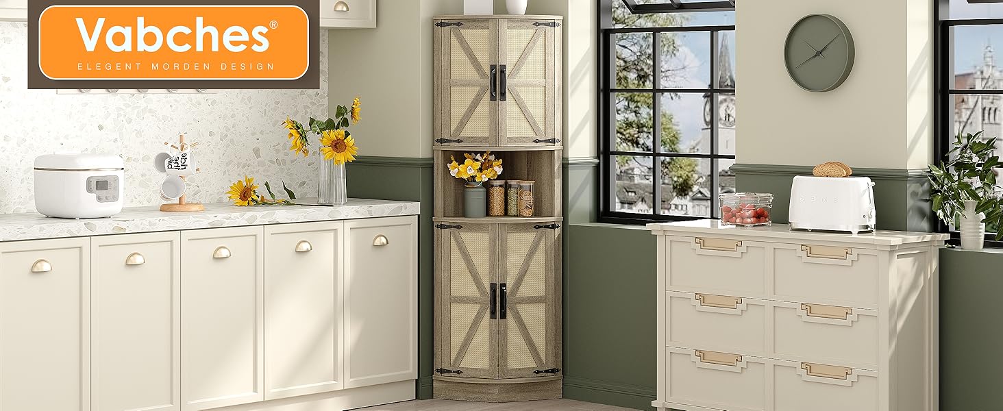 Vabches 64.8" Tall Farmhouse Corner Cabinet with 4 Doors & 5 Storage Shelves Rustic Barn Door Design Home Space Saver for Living Room Kitchen Laundry Room