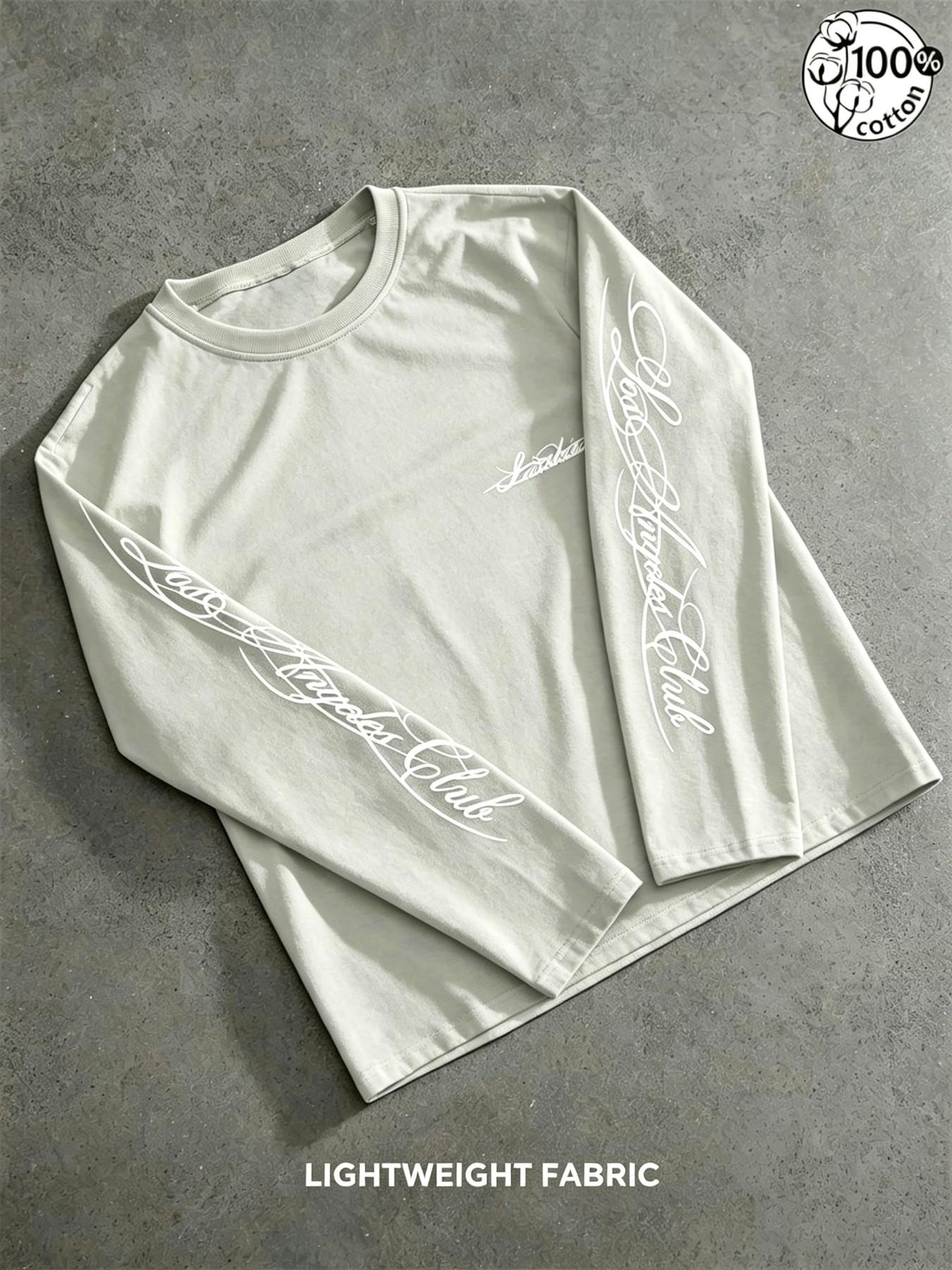 Unisex 100% Cotton Multi-Color Vertical Sleeve Script Lettering Long Sleeve Tee Mini Chest Logo Chicano American Streetwear Oversized Casual Top
