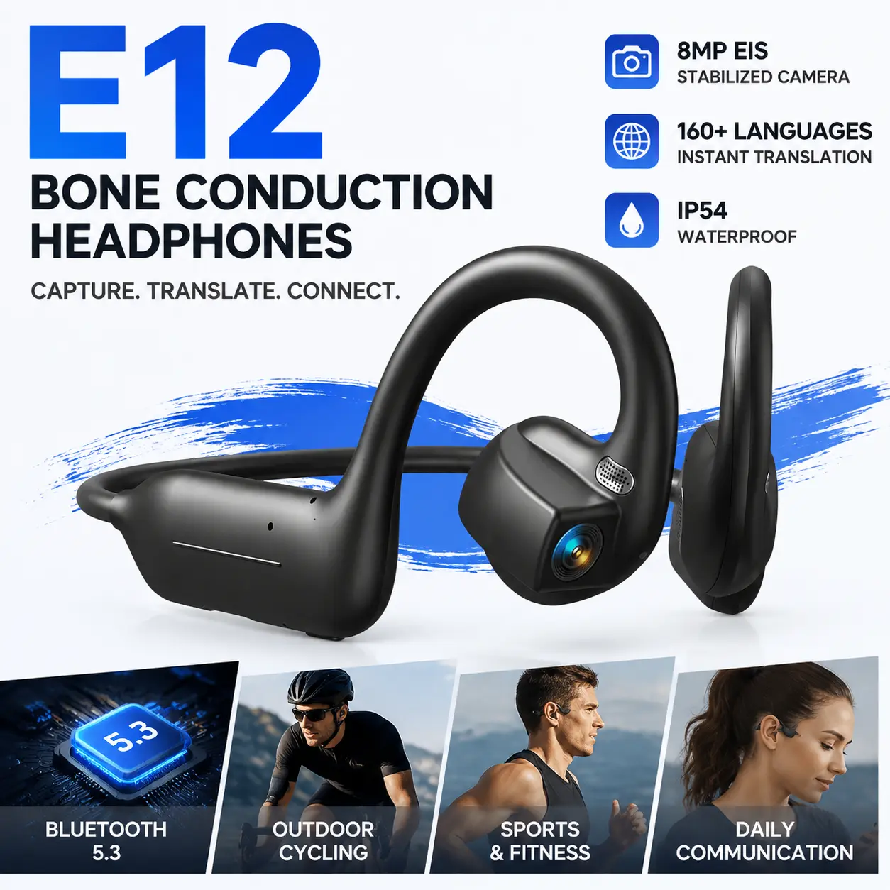 Smart Open Ear Bluetooth Headphones with Built-In 8MP Stabilized Camera, Real-Time Translation in 160+ Languages, Comfortable Bone Conduction Headset for Outdoor Adventures, Fitness, Recording and Communication