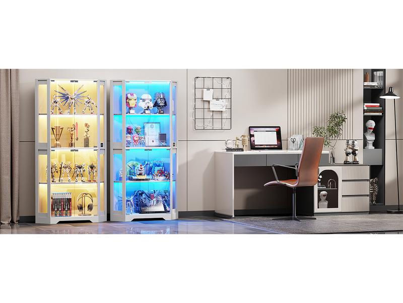 BROTTAR Corner Display Cabinet with Glass Doors, 65" Lighted Curio Display Case with 3 Color Lights for Collectibles, 4-Tier Corner Display Case with Human Body Sensor for Living Room,Large Storage Capacity, White