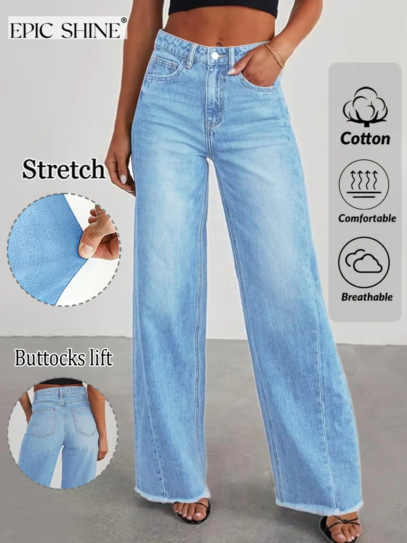 Women's Wide Leg Jeans, Solid High Waist, Elastic Stretch, Casual Style, All Seasons, Long Pants, Below Knee, Loose Fit
