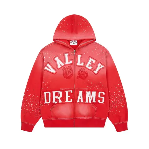 VALE Classico Black Zip Up Hoodie, Rhinestone Patch Embroidery Washed Cotton Jacket, Distressed Y2K Streetwear Sweatshirt, Unisex Oversized Outerwear