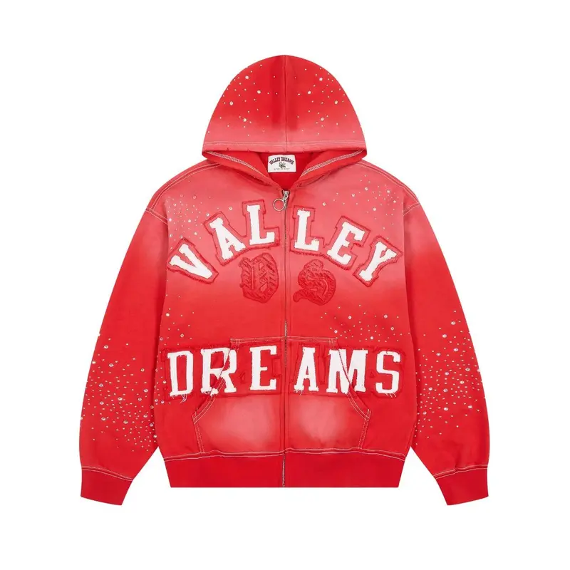 VALE Classico Black Zip Up Hoodie, Rhinestone Patch Embroidery Washed Cotton Jacket, Distressed Y2K Streetwear Sweatshirt, Unisex Oversized Outerwear