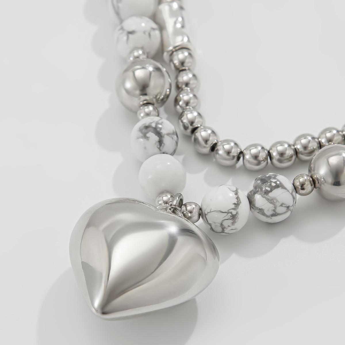 Women's 2-Layer White Turquoise Beaded Heart Pendant Necklace - Silver Metal Ball Chain, Marble Stones, Mixed Sizes Beads, Minimalist Stack Adjustable Choker, Daily Wear Jewelry for Gift, Double Strand, Minimalist Design, Adjustable Bead Chains