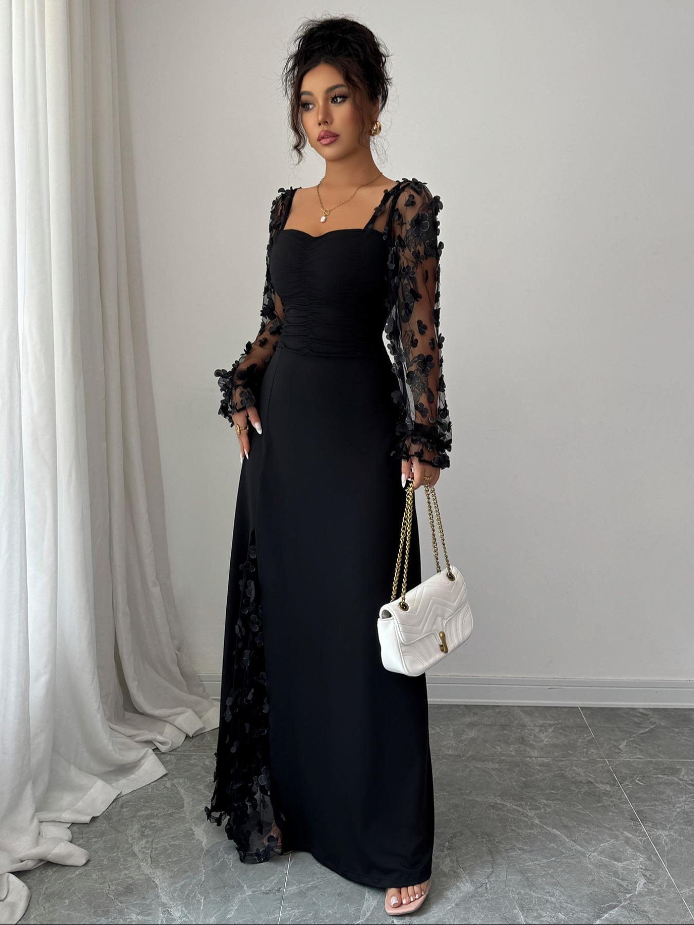 Pure Color Elegant Chic Square Neck Mesh Long Sleeve Split Design Dress, Fitted Plain Style, Perfect for Casual and Formal Occasions