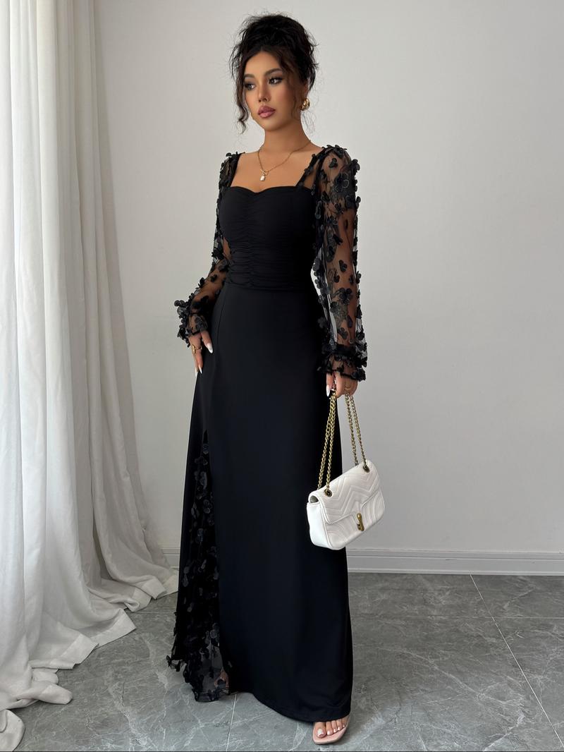 Pure Color Elegant Square Neck Mesh Long Sleeve Split Design Dress, Fitted Plain Style, Perfect for Casual and Formal Occasions