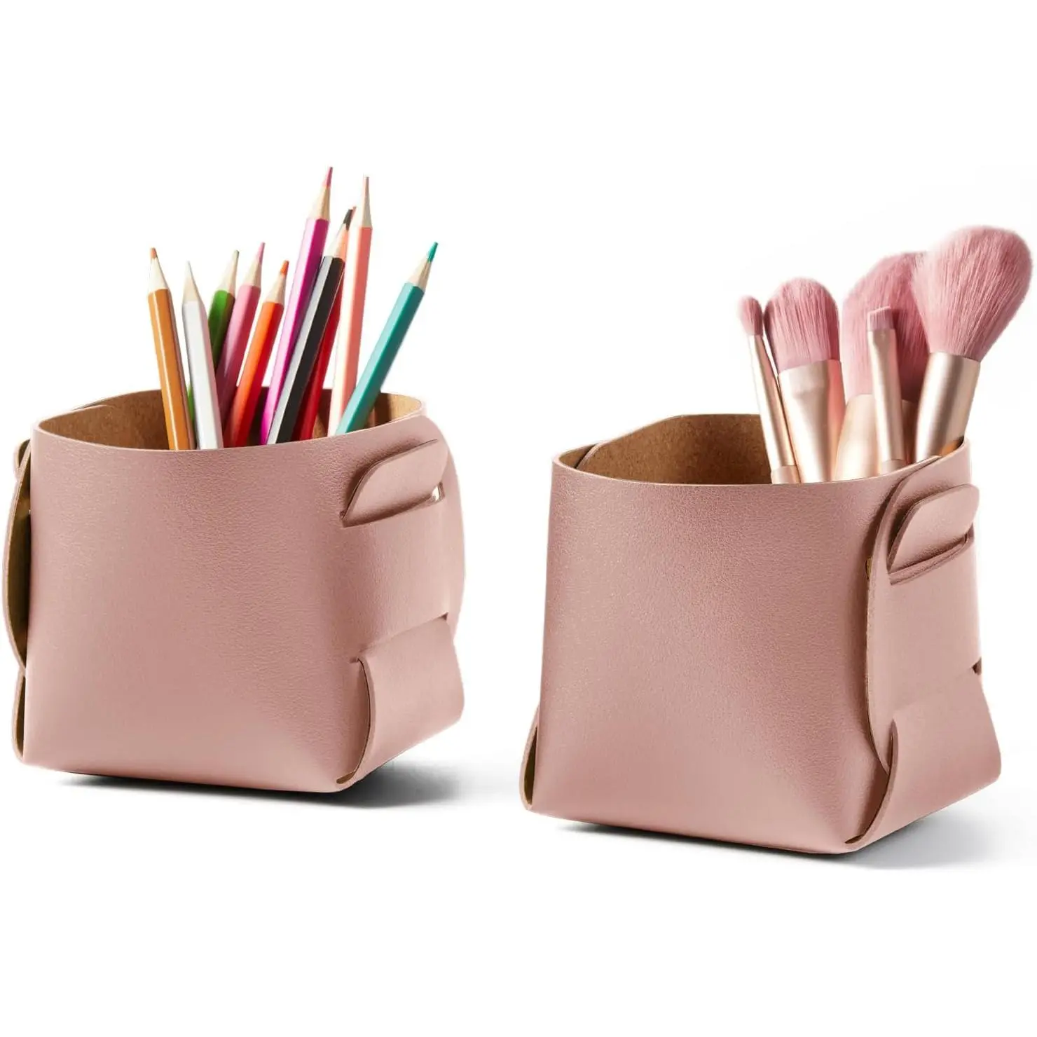 HOMIEAZICOZI 2-Pack Modern Waterproof Cork Leather Desk Organizers - Spacious Size Pencil Pen Holder, Makeup Brush Storage for Home Decor (Pink)