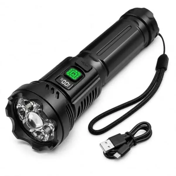 USB Rechargeable LED Flashlight with Digital Display and USB Cable for Outdoor Use
