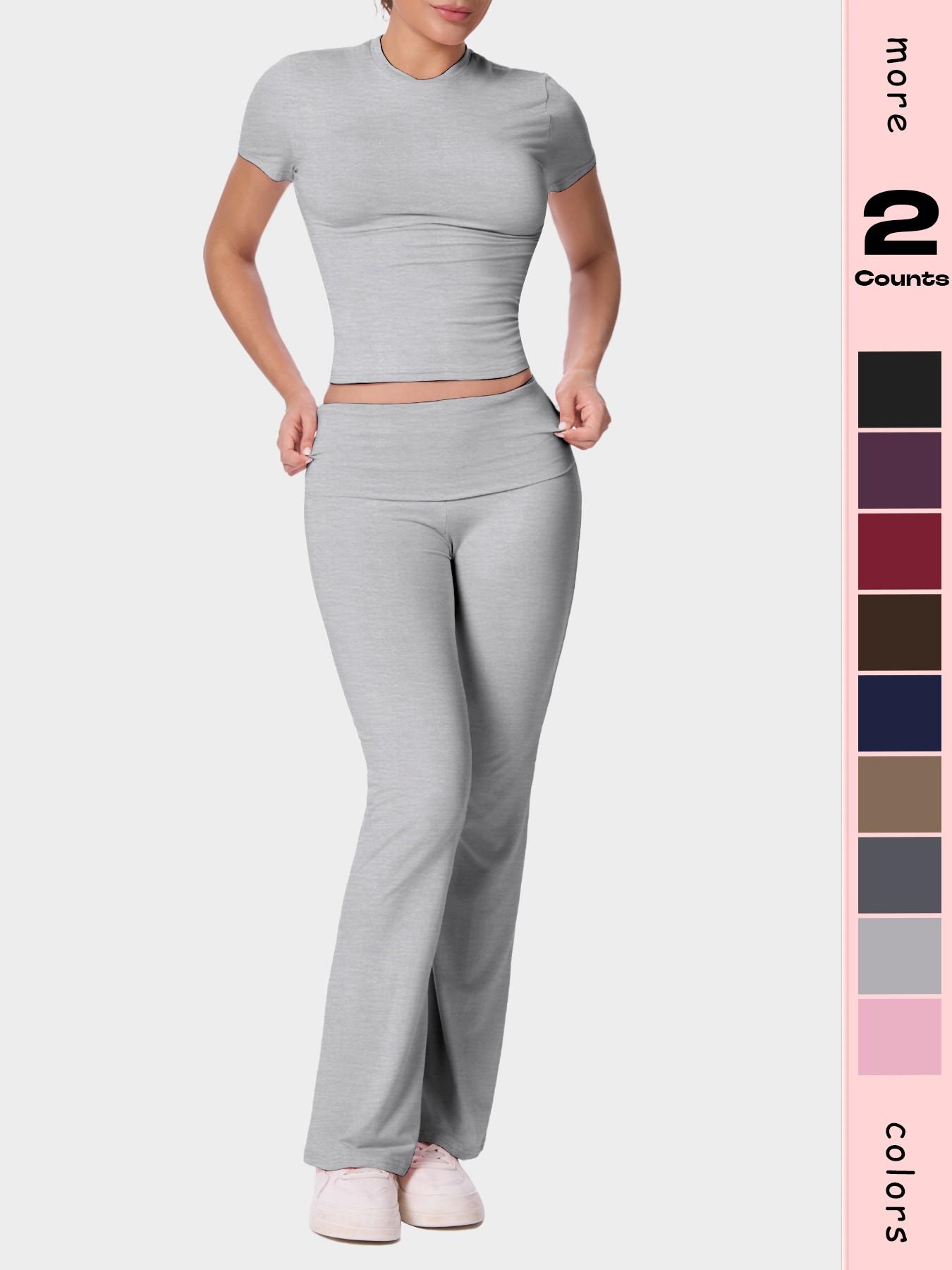 Women's Solid Color Short Sleeve Top & Flare Leg Pants Loungewear, Casual Comfy Two-piece Lounge Set, Ladies Loungewear for All Seasons, Pajama Set