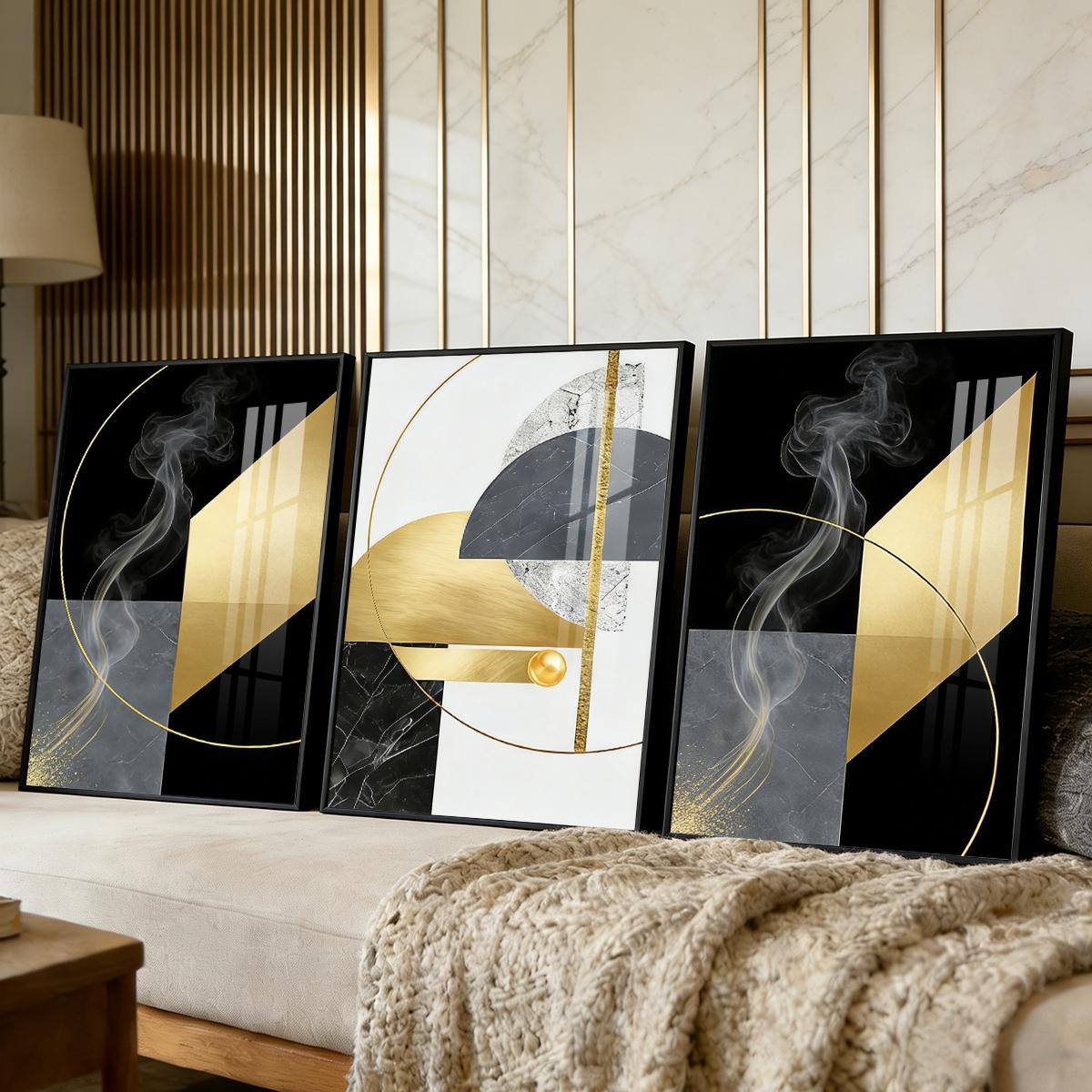 3 Counts Aluminum Alloy Framed Painting, Abstract Geometric Gold And Black Art Pictures, Home Decoration For Living Room, Bedroom, Office, Restaurant, Hallway Wall Decor, Odorless Print Artwork, Luxury Perfect Gift For Friends And Family