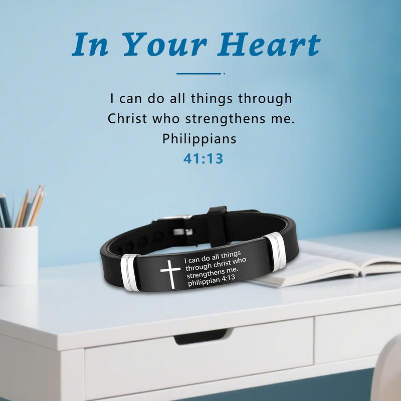Inspirational Quote Bible Verse Cross Bracelets Faith Christian Silicone ID Wristband Religious Gifts for Men Women Stainless Steel Rubber Adjustable Bracelet