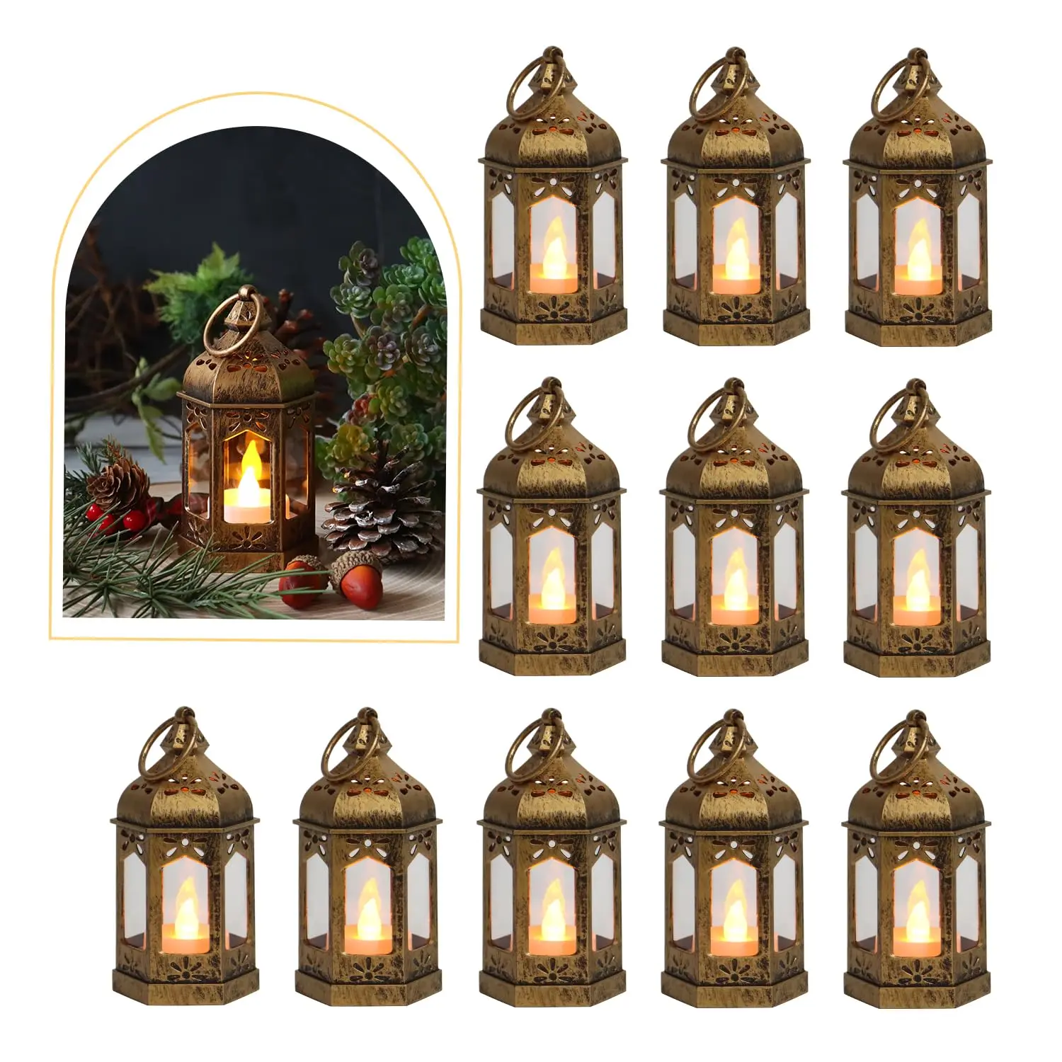 8Pcs Vintage Brown Mini LED Tealight Lanterns, Hanging Table & Wall Decor for Indoors/Outdoors, Festive Centerpieces for Halloween Wedding Garden Fairy Party Supplies