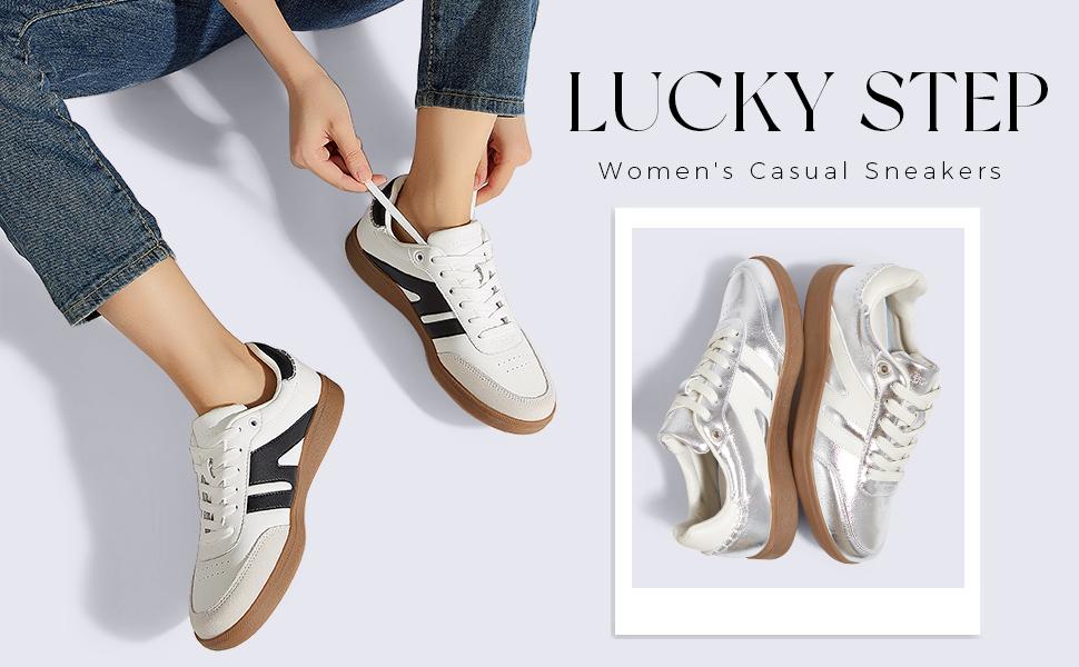 LUCKY STEP Women's Classic Retro Gum Sole Fashion Sneakers Genuine Leather Walking Footwear Anti-Slip Trainers Comfortable & Durable