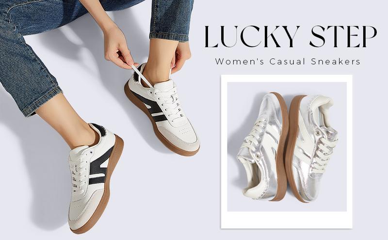 LUCKY STEP Women's Classic Retro Gum Sole Fashion Sneakers Genuine Leather Walking Footwear Anti-Slip Trainers Comfortable & Durable