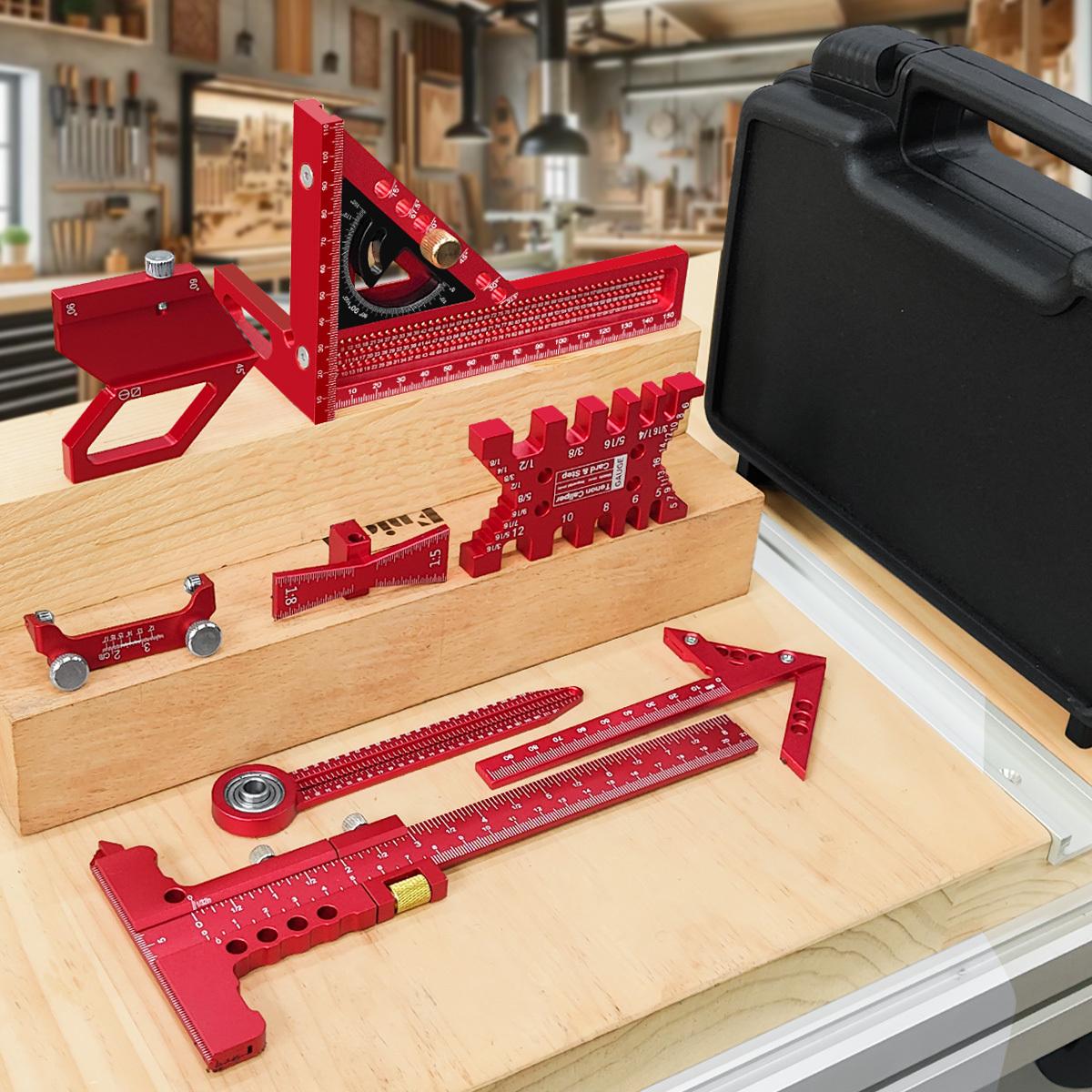 6/7/8Pcs Woodworking Square Kit with Box, Precision Carpenter Quick Splicing Planning and Layout Tools, Aluminum Scribeing Ruler, Center Finder, Circular Drawing Compass, Honing Guide, Height Gauge, Measuring Ruler