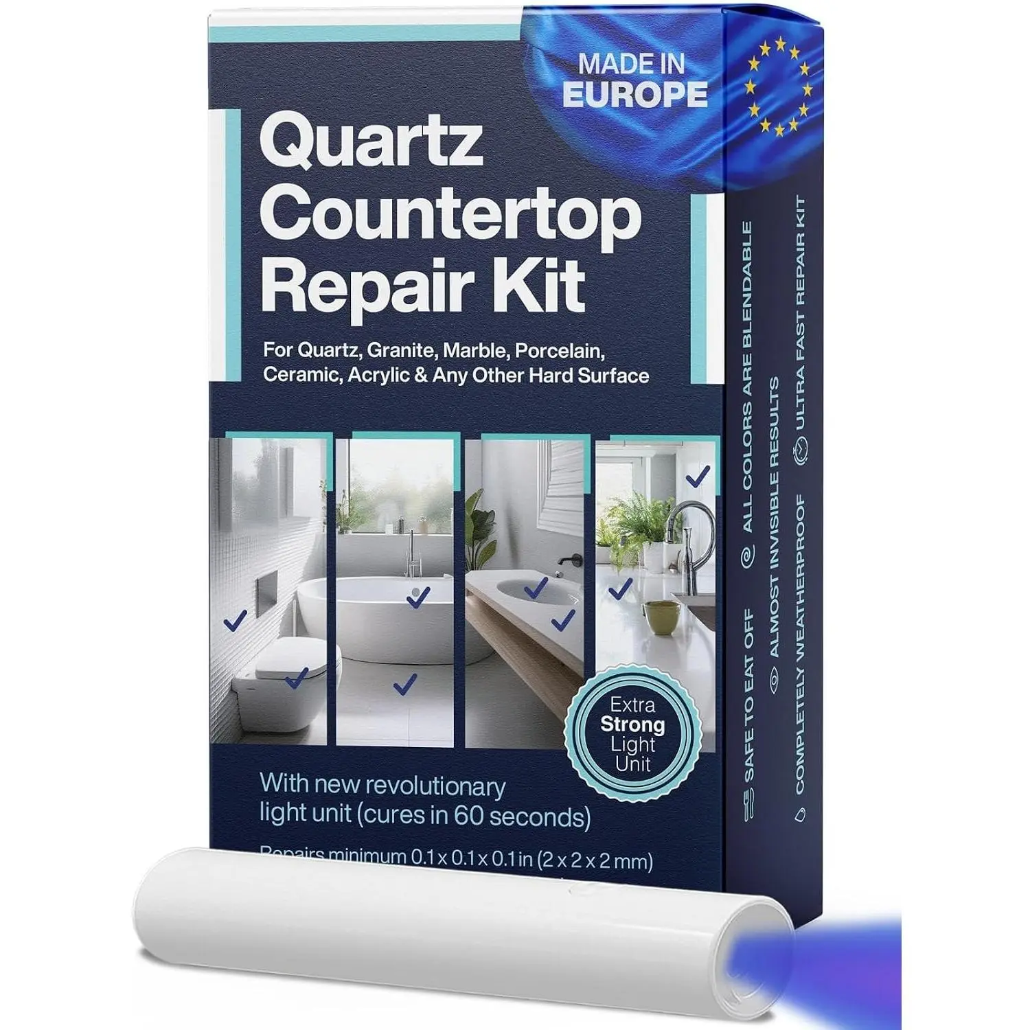 Quartz Countertop Repair Kit DIY (3 Colors + Polisher) for Granite Acrylic Fiberglass Porcelain Tile & Ceramic Surfaces Easy Process & Quick Results