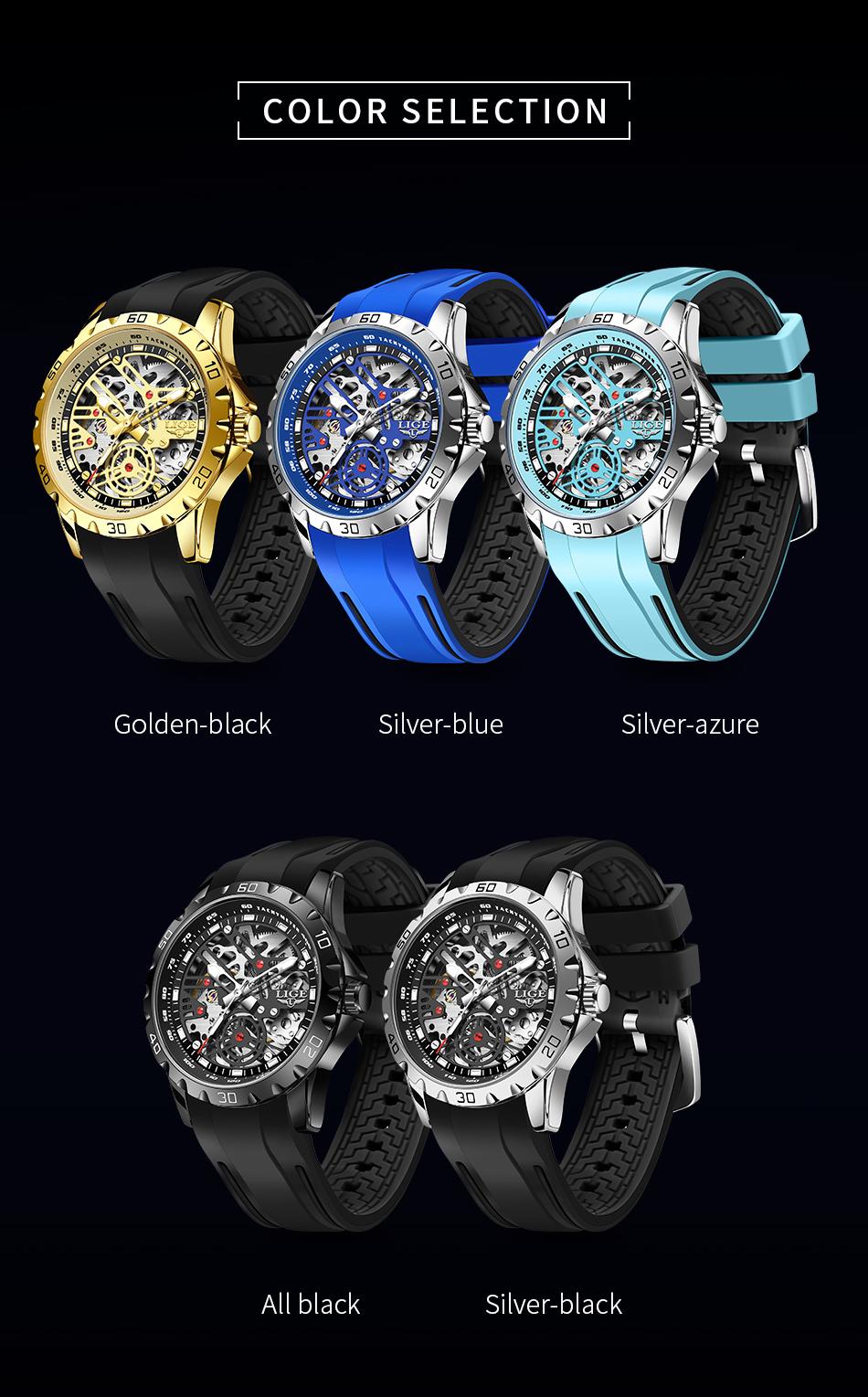 Lige Men's Mechanical Watch, 43mm stainless steel case, 30-meter water resistance, luminous at night, Skeleton Machinery design.
