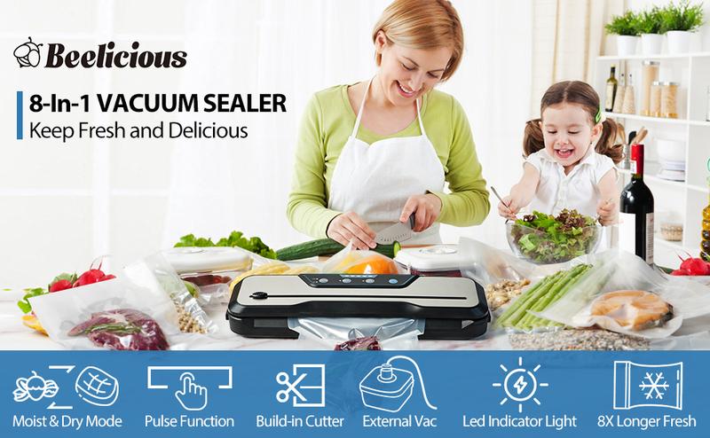 Vacuum Sealer Machine, with Starter Kit and 2-Year Warranty, Beelicious Automatic Air Sealing for Food Storage, Build-in Cutter, Moist Mode, EXT-VAC Kitchen Appliances Vacuum Sealer Machine, with Starter Kit and 2-Year Warranty, Beelicious Automatic Air Sealing for Food Storage, Build-in Cutter, Moist Mode, EXT-VAC Kitchen Appliances