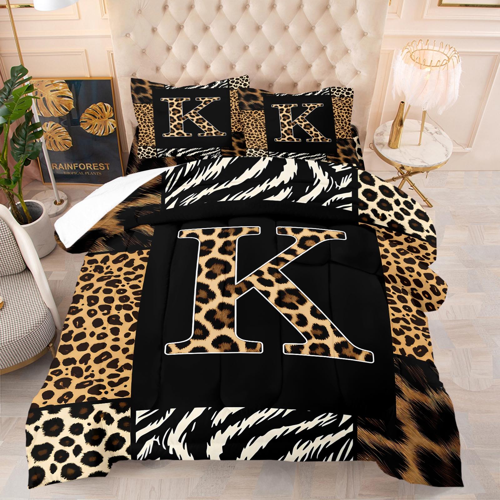 Wild Patchwork First Letter Print Comforter Set & 1-2 Pillowcases No Core, Leopard Print Letters A-Z, Zebra, Hair Texture Collage Pattern, Soft Warm Bedding, Wild Sexy Bedroom Decor, Ideal Gift Choice