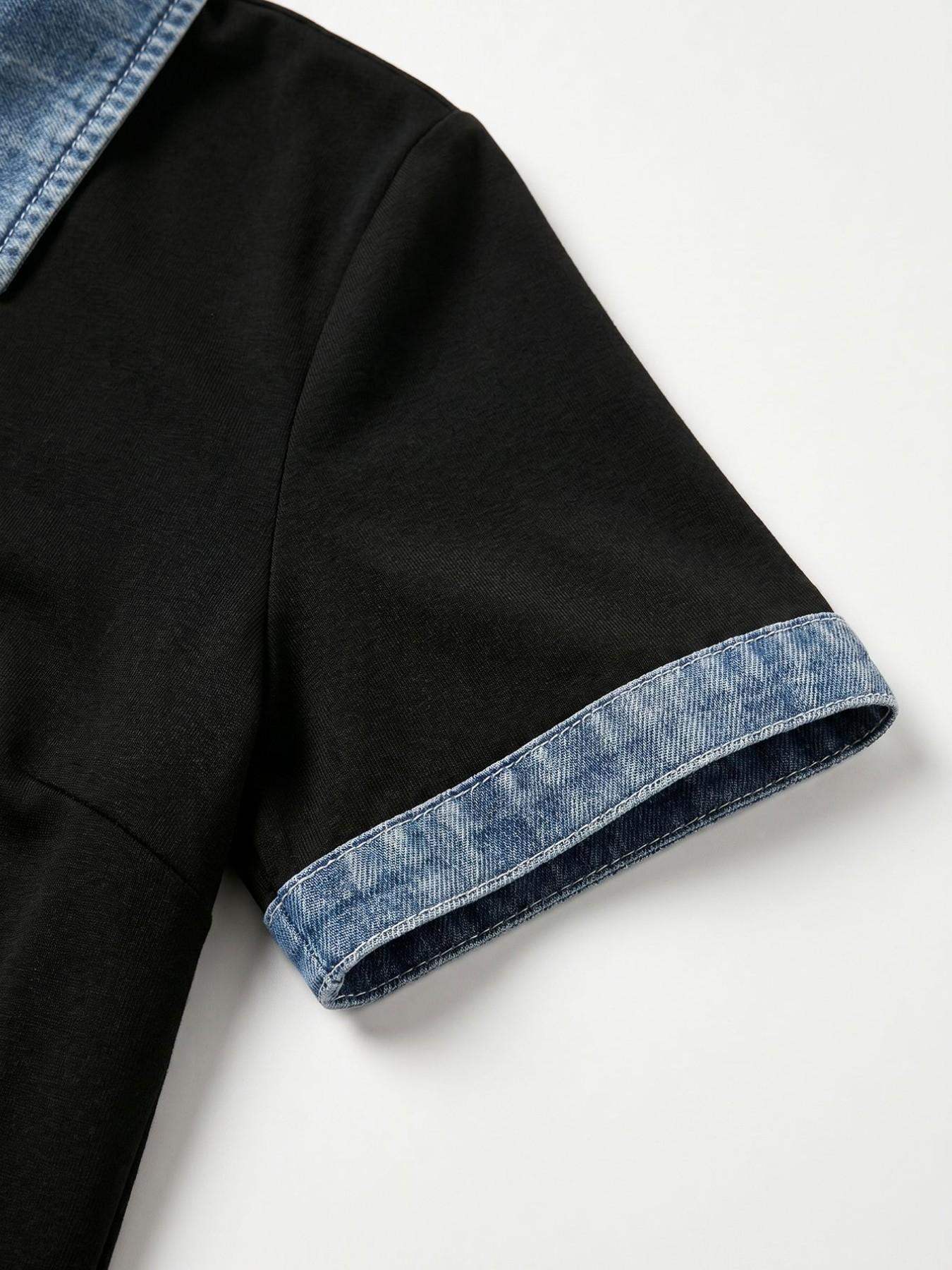 Summer New Holiday Patchwork Blue Woven Polo Neck Short Sleeve Women's Top, Casual Stylish and Comfortable Ladies' Shirt
