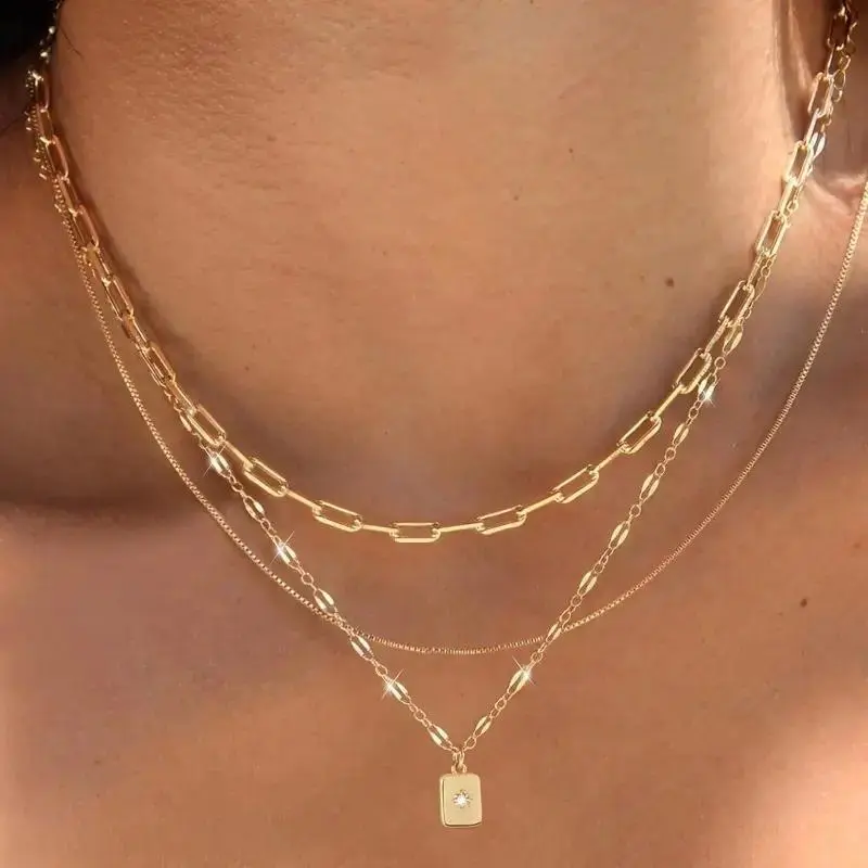 Women's Multi-Layered Gold Necklace Set - Stackable Gold Box Chain Chokers with Delicate Pendants, Elegant Fashion Accessory for Daily Use and Casual Wear