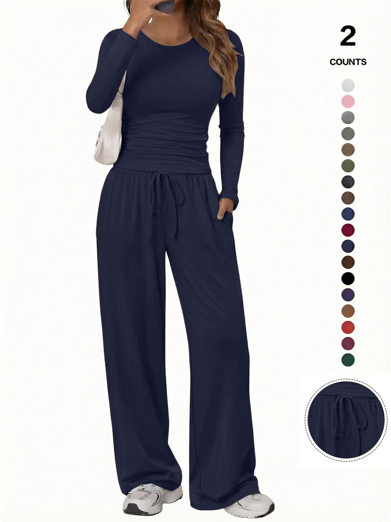 Women's Solid Ruched Drawstring Loungewear Set, Casual Long Sleeve Round Neck Top & Pocket Wide Leg Trousers, Ladies Sleepwear for All Seasons